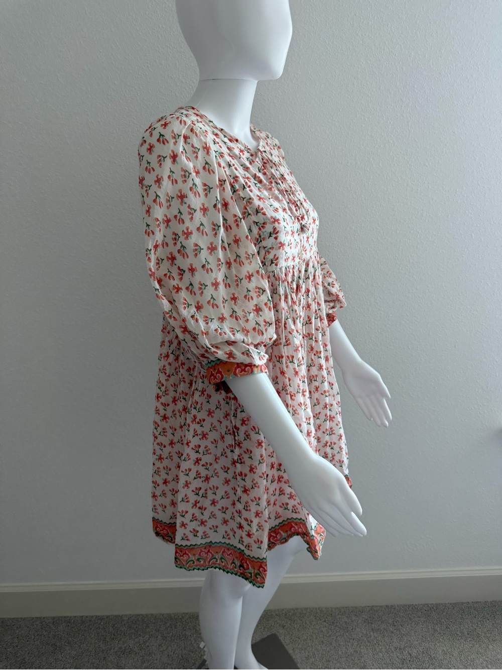Daughters of India Kyra Cream Dress with Coral and Green Floral Print - Picture 3 of 9